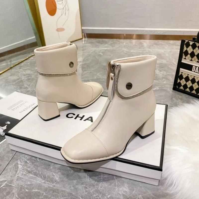 Fashion Boots  Spring/Autumn/Winter New Thick Heel Casual British Style Front Zipper High Heel Short Boots for Women