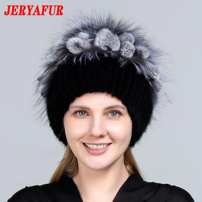 Chapeau en fourrure de vison de haute qualité pour femmes, chapeaux en fourrure de vison naturelle avec gros pompon de luxe, bonnets en fourrure de renard, casquette d'hiver pour femmes LadyHat