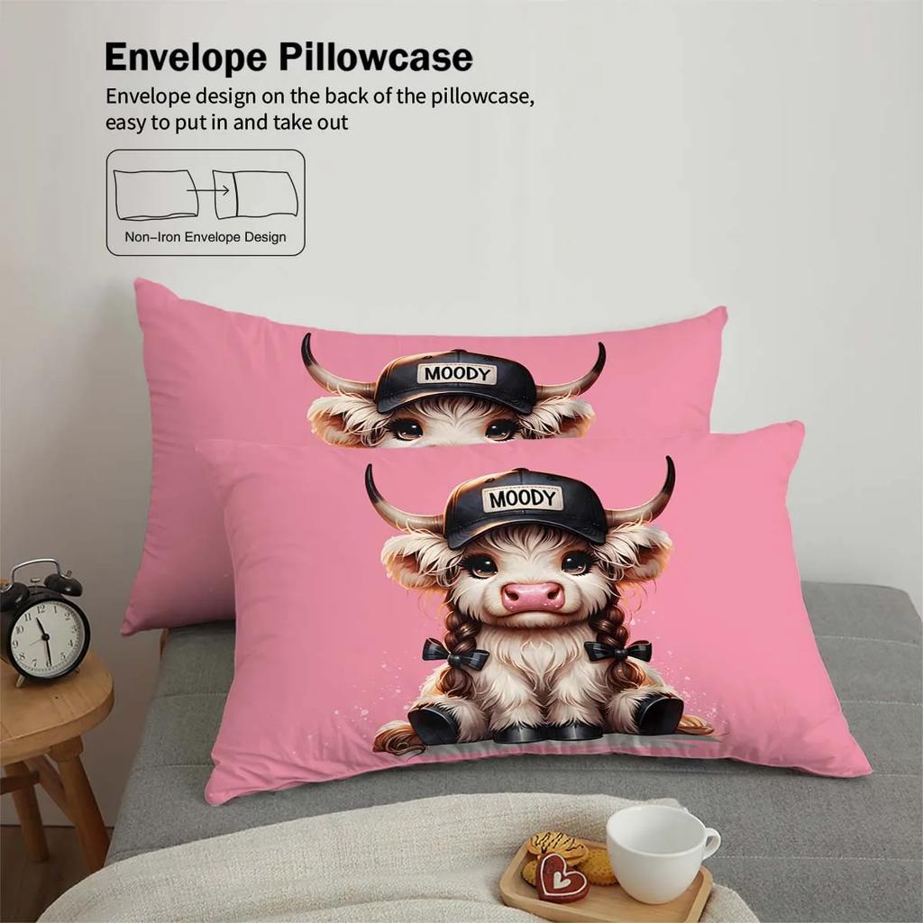 Three-piece set (1 duvet cover, 2 pillowcases, no core), cute cartoon cool highland cow element printed bedding, multiple sizes