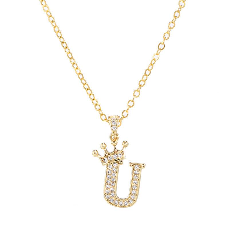 Fashion Cubic Zirconia Crown Letter Pendant Necklace Gold Hip Hop Punk Alphabet Jewelry