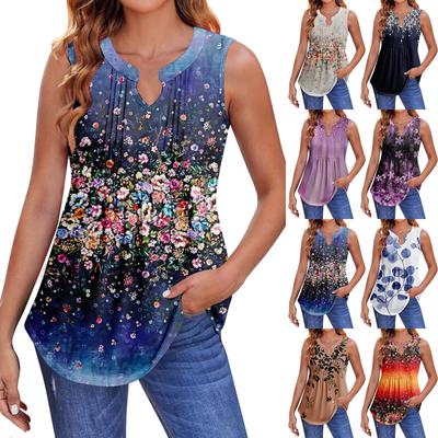 Womens Summer Tank Tops  Pleated V Neck Printing Casual  Top Tank Tops For Women Loose Fit Sleeveless Tunic Shirts