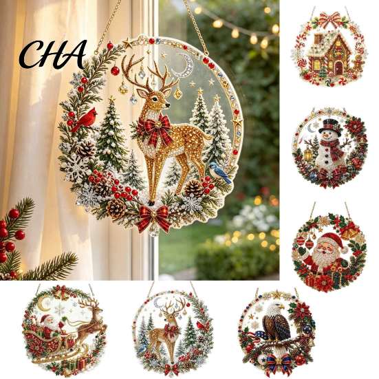 Seasonal Winter Room Decor Xmas Snowman Hanging Ornament, Round Acrylic Santa Reindeer Decorations for Home Christmas Door Sign Festive Window