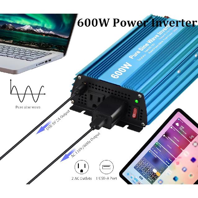 DC 12V to AC120V Pure Sine Wave Power Inverter 600W with Dual sockets Output and DC 5V 2Amp USB Output. Ideal for Most Small Power appliances. (600W)