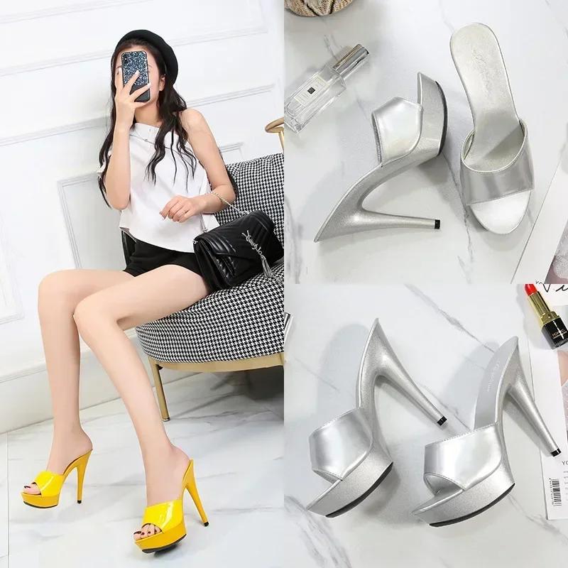 Fashion Patent Leather Mules Women Slippers Sandals Sexy Party Shoes Luxury Comfortable Summer Fashion 13cm