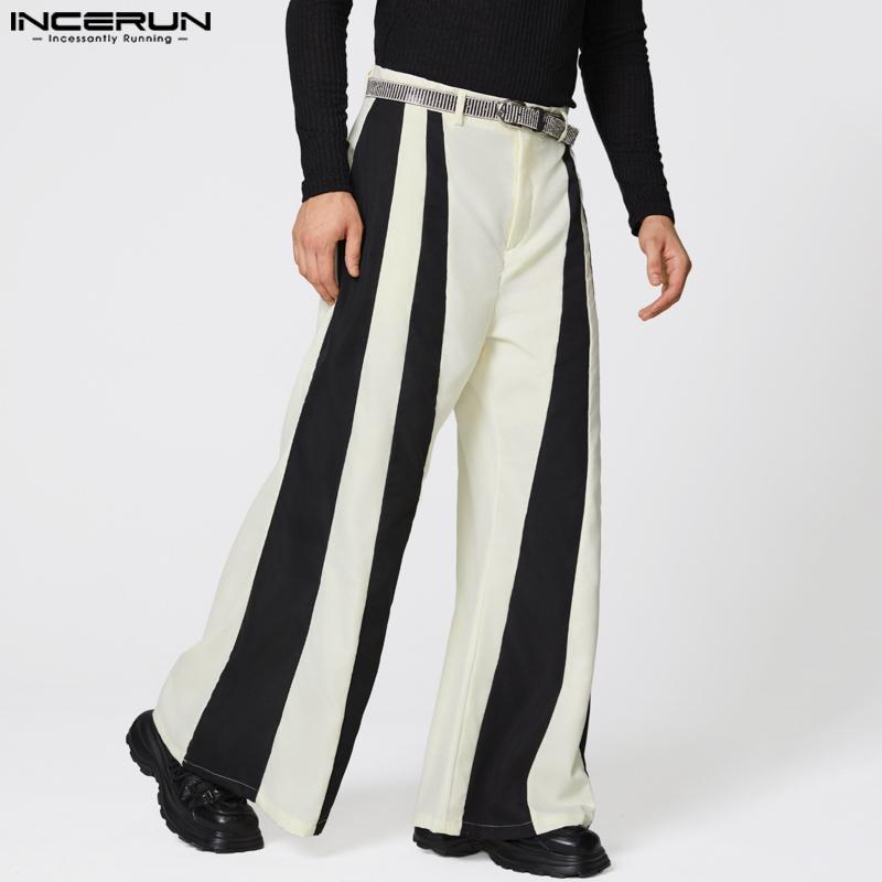 INCERUN Men's High Zipper Waist Striped Patchwork Casual Long Flare Pants Trousers