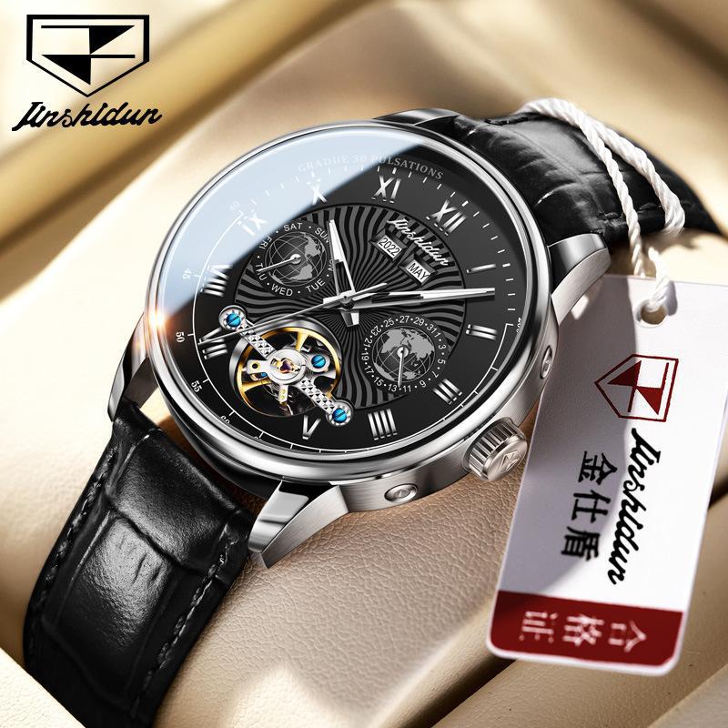 

JINSHIDUN Новые деловые и развлекательные мужские часы Многофункциональные механические часы Модные полые водонепроницаемые мужские часы