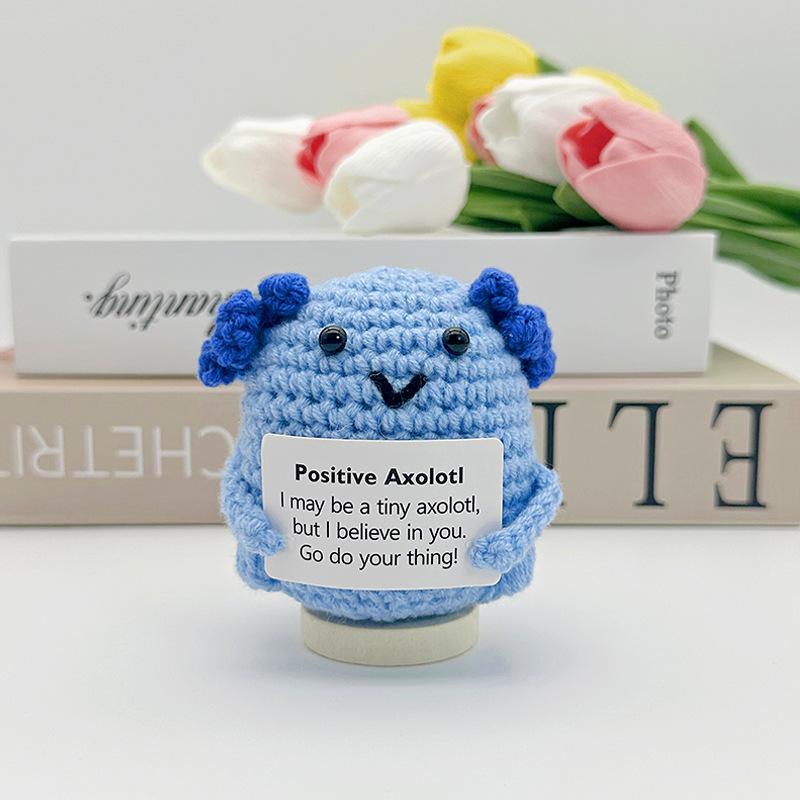 Funny Positive Crochet Cow Doll Desktop Ornament Handmade Cheer Emotional Support Positive Cow with Card Home Party Decoration