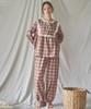 Ilusida [Cotton/Polyester] Pink Brown Check Frill Long Sleeve Two-Piece Set Lovely Pajamas