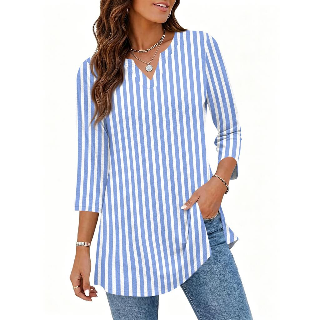 Damen V-Ausschnitt 3/4 Ärmel Pullover Tunika Oberteil mit Streifenmuster Lockerer Schnitt Lässige Mittellange Bluse für den täglichen Gebrauch