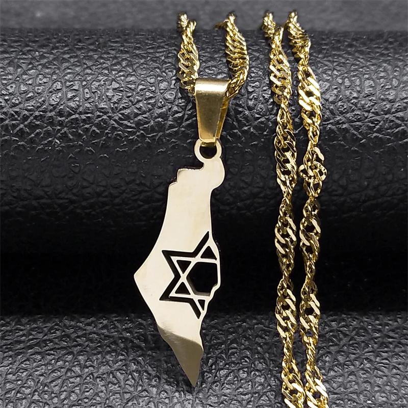 Israel Karte Land Anhänger Halskette für Frauen Männer Edelstahl Silber Farbe Magen Je Davidstern Hebräische Kette Schmuck