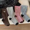 Trendy Mid-calf Women's Socks with Color-blocked Fabric Labels, Embossed Letters, Bows and Contrasting Colors