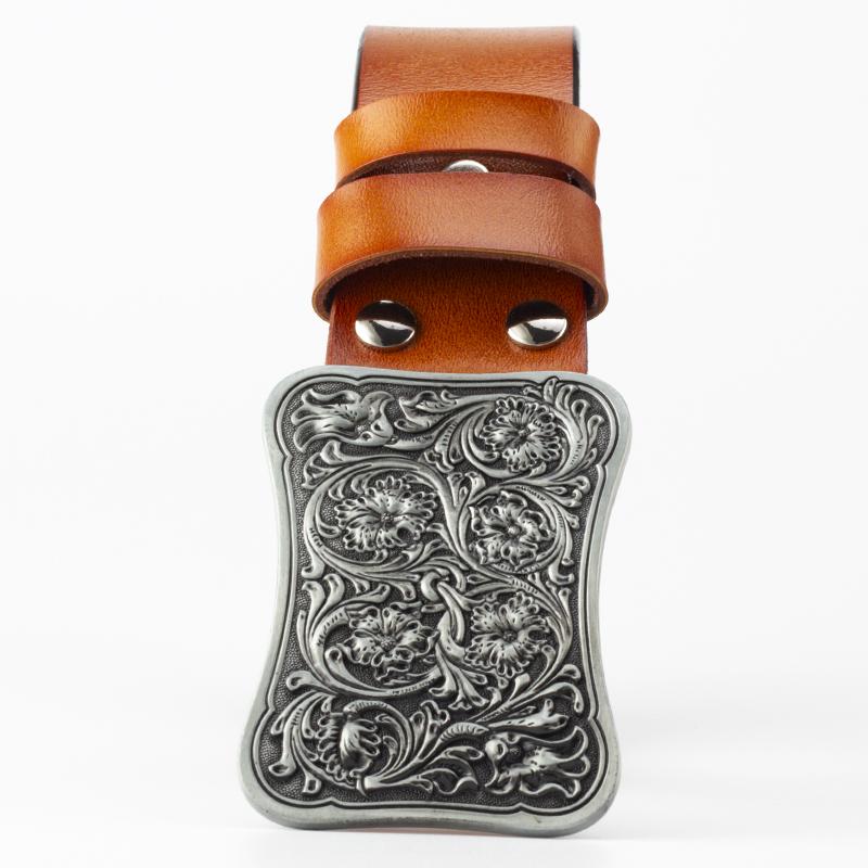 Fashion Genuine Leather Belt Arabesque Pattern Metal Buckle Retro Islam Vine Floral Design Royal Flower Carved Belt Decorative