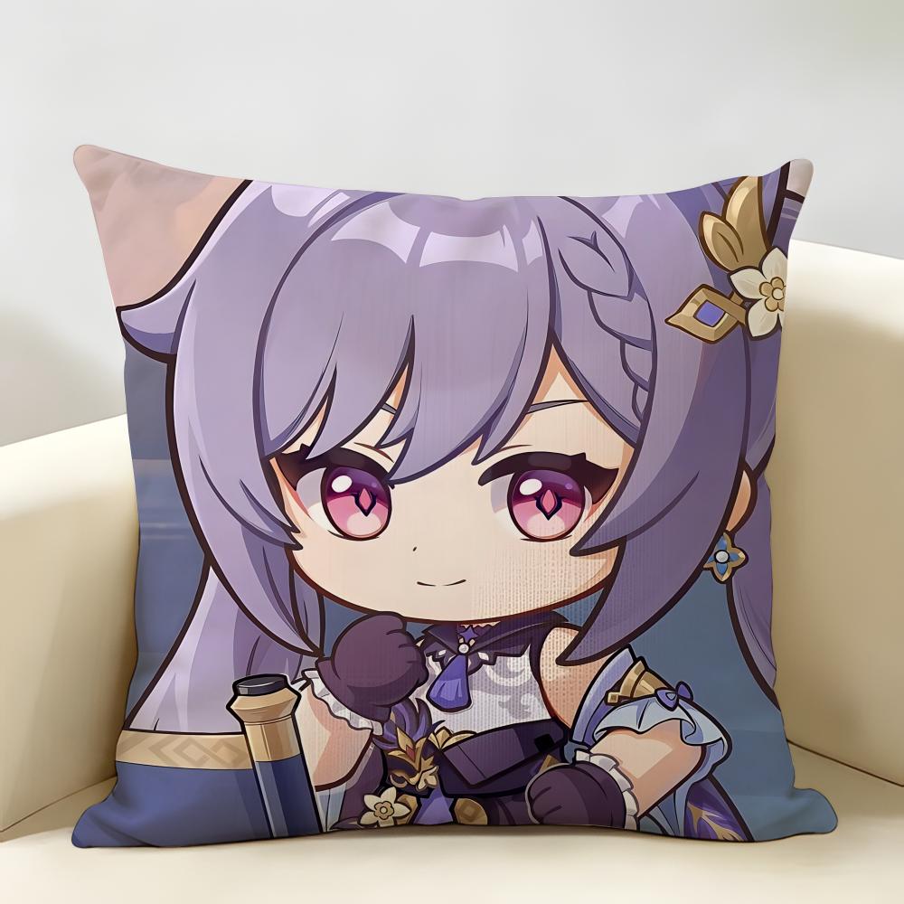 Keqing Cute Genshin Impact Cushion Cover Natural Linen Organic Fabric DoubleSided Printing Room Sofa Decor Pillow Case