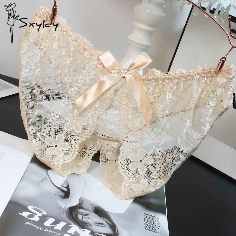 Women's Bow Lace Hollow Panties Low Waist Sexy Temptation Open Crotch Free To Take Off Briefs