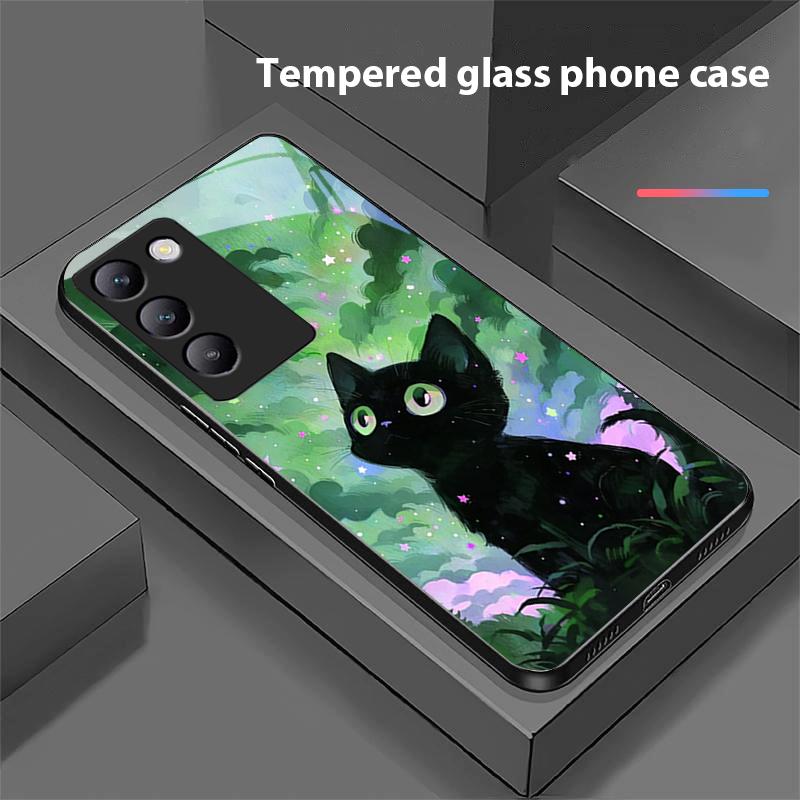 Niedliche kleine Katze für Y72 33S 11 03 36 96 Lite 35 16 Iqoo 12 V40 SE 5G 29 40 21 30 X80 Pro Vivo Handyhülle aus gehärtetem Glas Schwarz