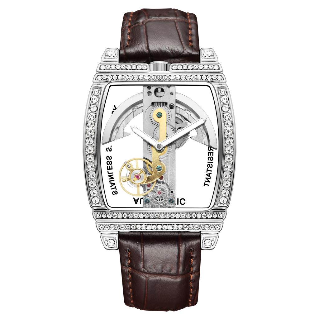 Reloj Mecánico Automático Transparente Hombre Steampunk Esqueleto Engranaje de Lujo Cuerda Automática Cuero Relojes de Hombre Montre Homme