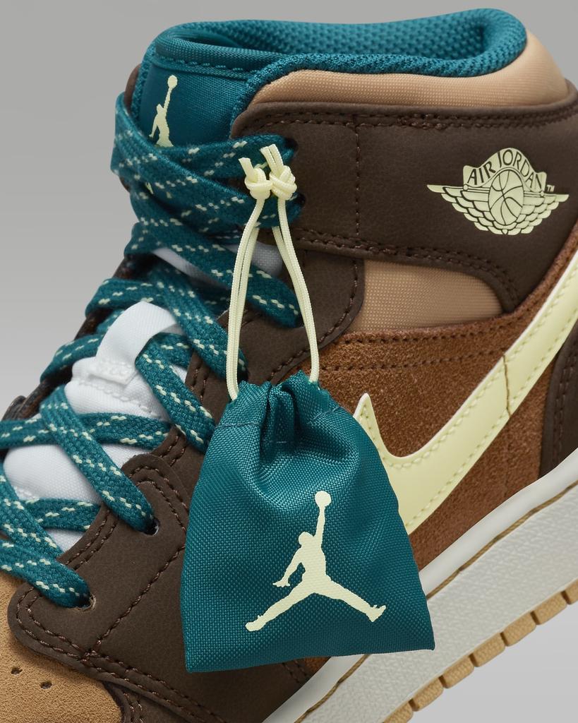 DZ6335-200 Nike GS Air Jordan 1 Mid SE Cacao Wow Ale Brown Twine Luminous Green