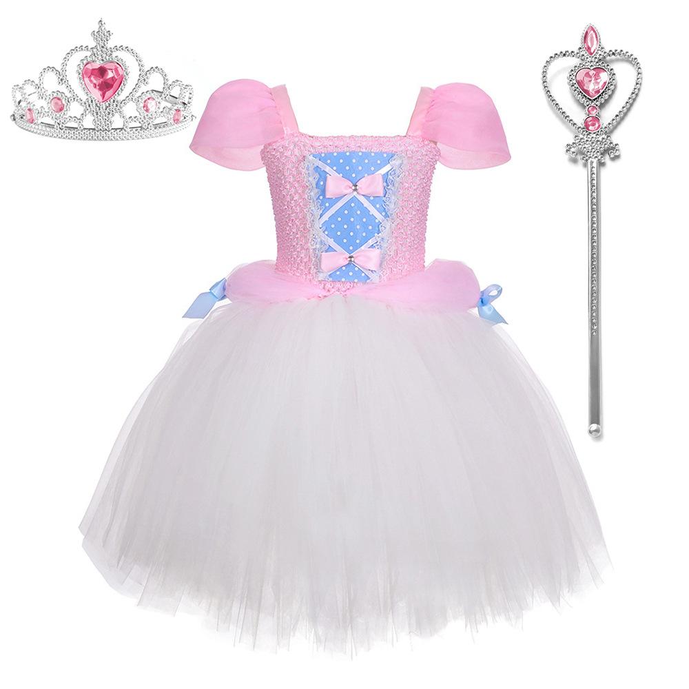 Pink Princess Tutu Dress, Retro Cowboy Denim Layered Kids Party Mesh Dress for Pretend Play