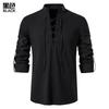 New Men's Cotton Henley Shirt Hippie Casual Beach Stand-Up Neck Long Sleeve Shirt A275
