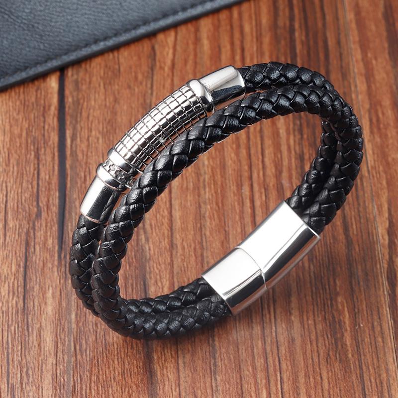 Luxury Vintage Handmade Leather Braid Men Bracelet Stainless Steel Buckle Business Men's Bangles For Friend Partner Lovers Gift