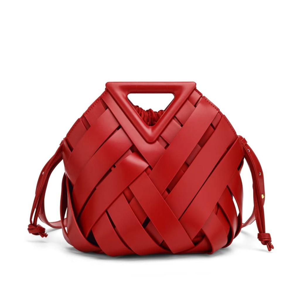 

Simple Solid Color Women Casual Woven Drawstring Handbag With Buckle Magnetic Red