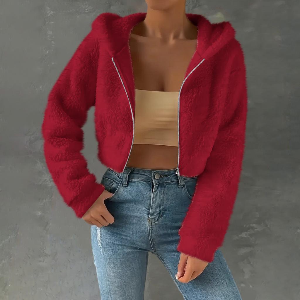 Women's Fashionable Casual Thick Fleece Top Short-Length Long-Sleeved Hooded Jacket