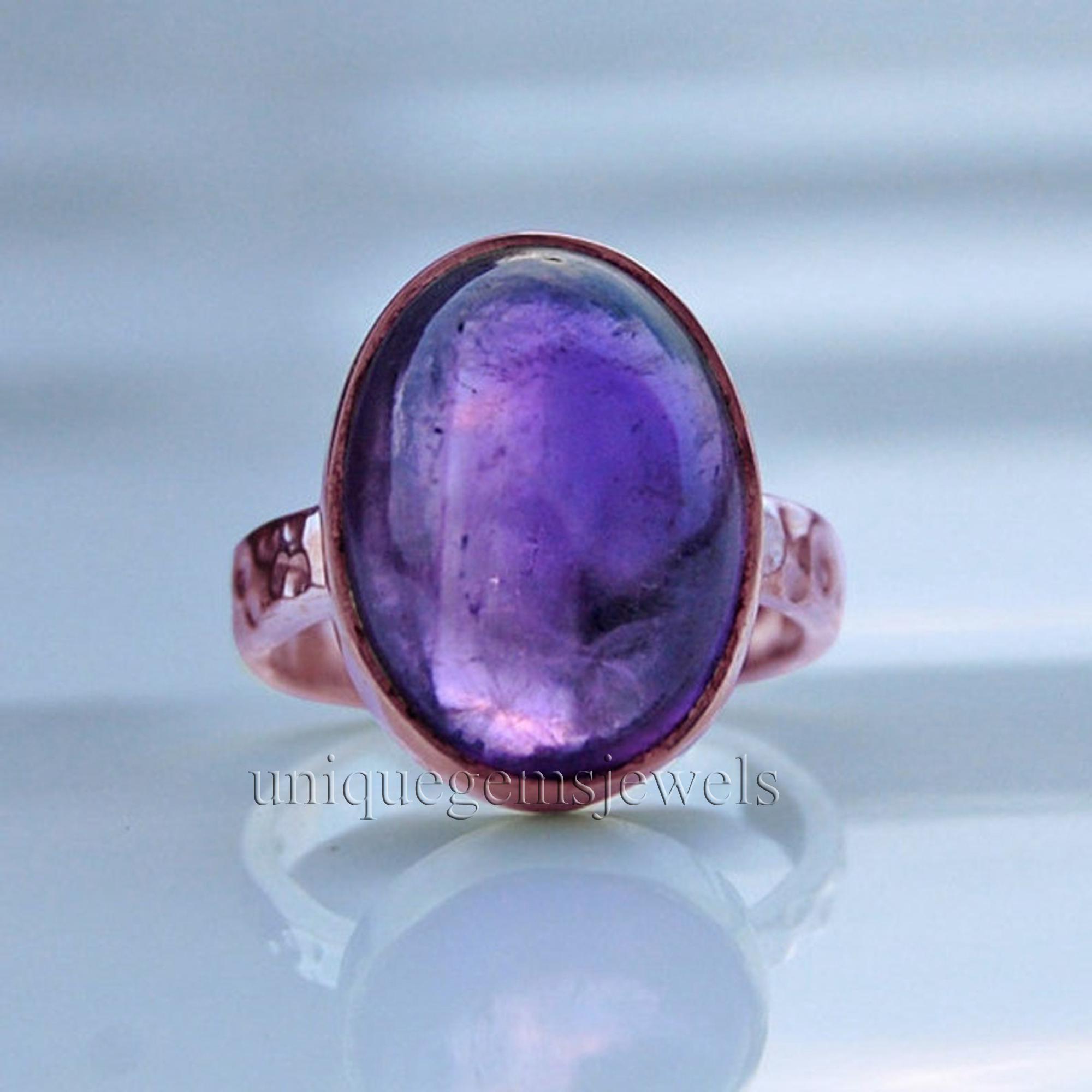 

Oval Cab Purple Amethyst 925 Sterling Silver Rose Gold Overlay Ring Jewelry, Ametyst Hammered Band Silver Ring 10 Яскраво-рожевий