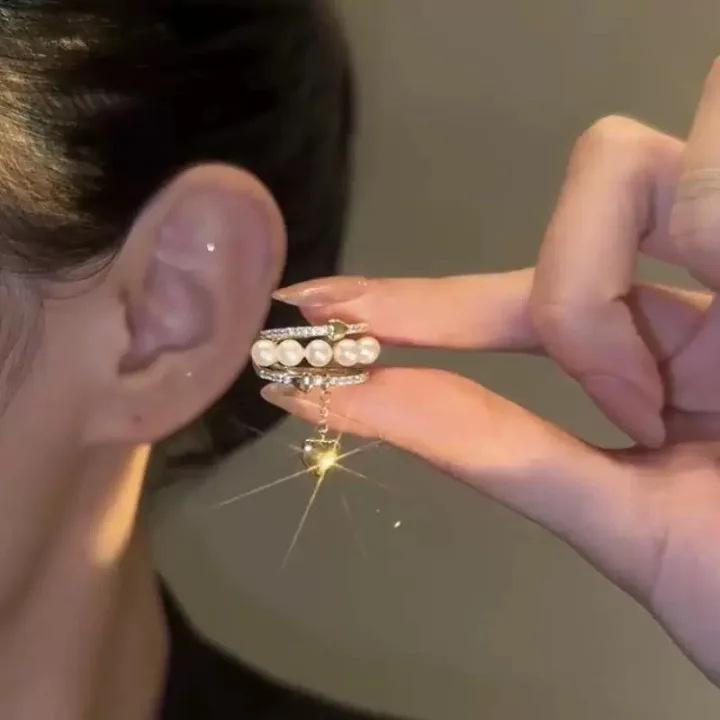 Ear Clip ~ Gold-Plated Zircon Pearl Heart Non-Pierced Earrings | Luxury Feel, Elegant Ear Jewelry