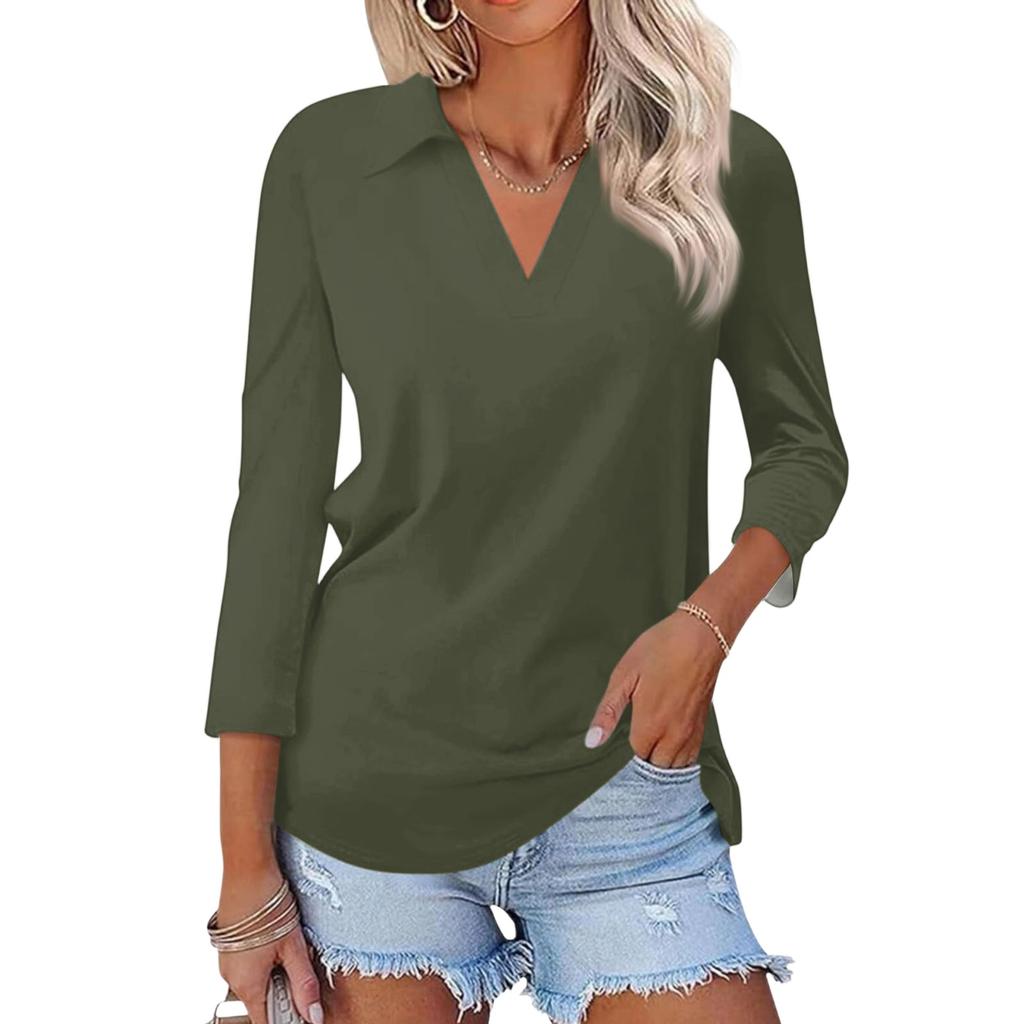 Women's Casual V-Neck Three-Quarter Sleeve Blouse with Print for Summer