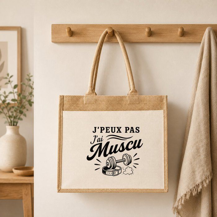 Sac cabas en jute - PLANETEE - J'peux pas minimaliste - Toile jute & coton - 21 L (43×33×21 cm) - Anses 65 cm