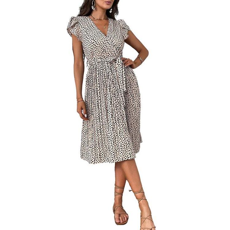 Letní plážové šaty s leopardím potiskem, výstřih do V, krátký rukáv, vysoký pas, dlouhé šaty