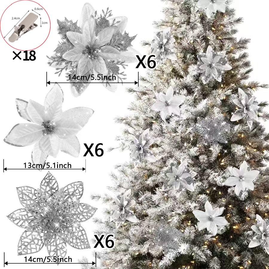 6-24 Stück 15cm Künstliche Weihnachtsblumen mit Clips Stielen, Weihnachtsbaumschmuck Glitzerblume für Girlande Neujahrsparty Dekoration