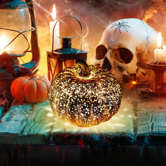 Glass Pumpkin Light Battery Powered LED Light-up Pumpkin Lantern for Halloween Fall Thanksgiving Desk Decor