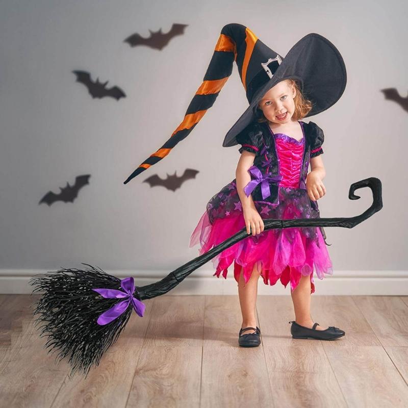 Halloween Party Witch Broom Plastic Broomsticks Kid Broom with Ribbons Props for Halloween Cosplay Costume Party Decor