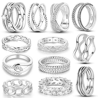 Silver Plated Sparkling Love Rings Zircon Winding Line Geometric Rings For Women Engagement Jewelry Anniversary Gift