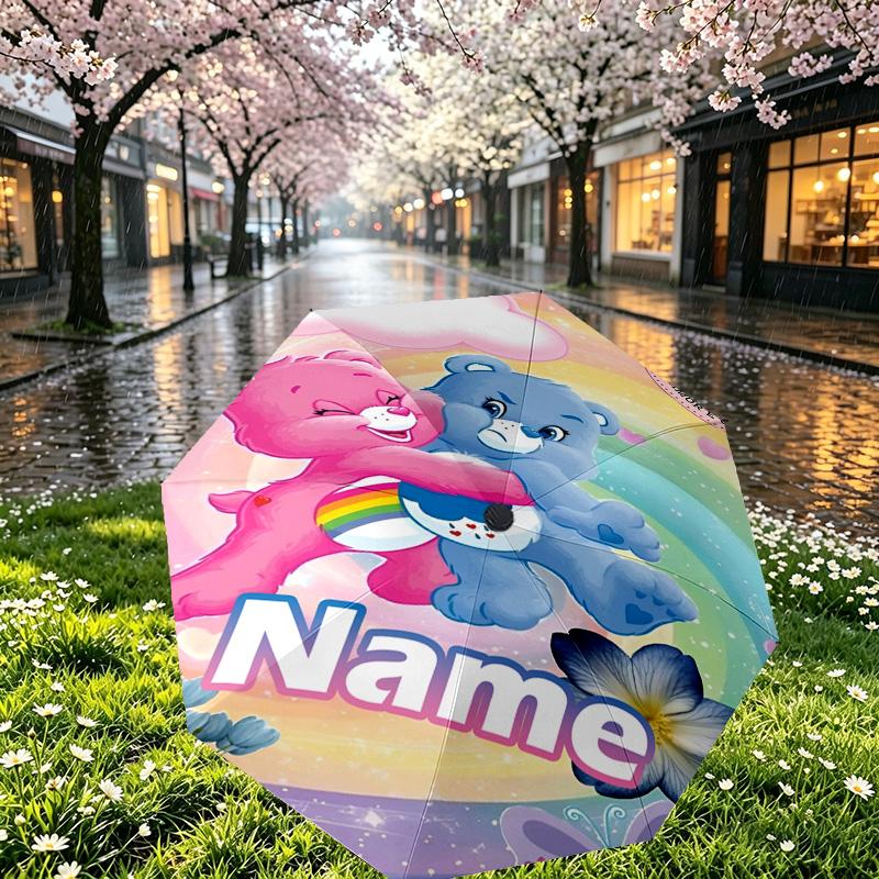 Custom Name Personalized Care Bears Print Umbrella, Auto Open Close, 8‑Rib Sturdy Frame, Commute Camping Hiking Use, Birthday Gift