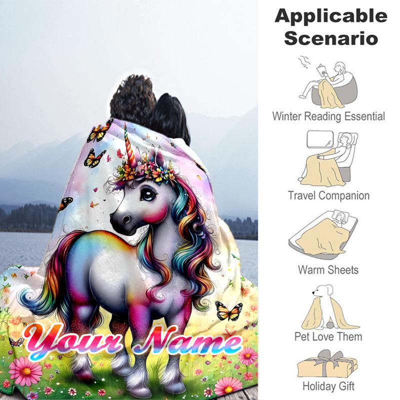 1PC Custom Name Fantasy Unicorn Garden flannel blanket versatile,all-season throw suitable for the living room,bedroom,camping,travel,and gift
