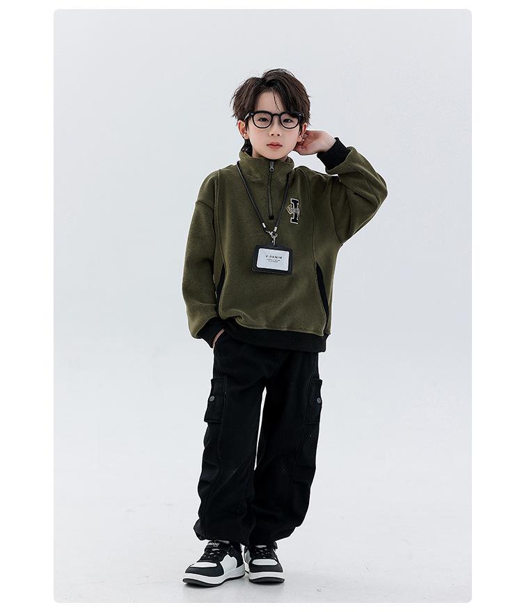Boys' Reversible Fleece Hoodie - 2025 Autumn/Winter Collection, Thickened Half-Zip Pullover, Long-Sleeve Fashion Top for Medium/Large Kids.