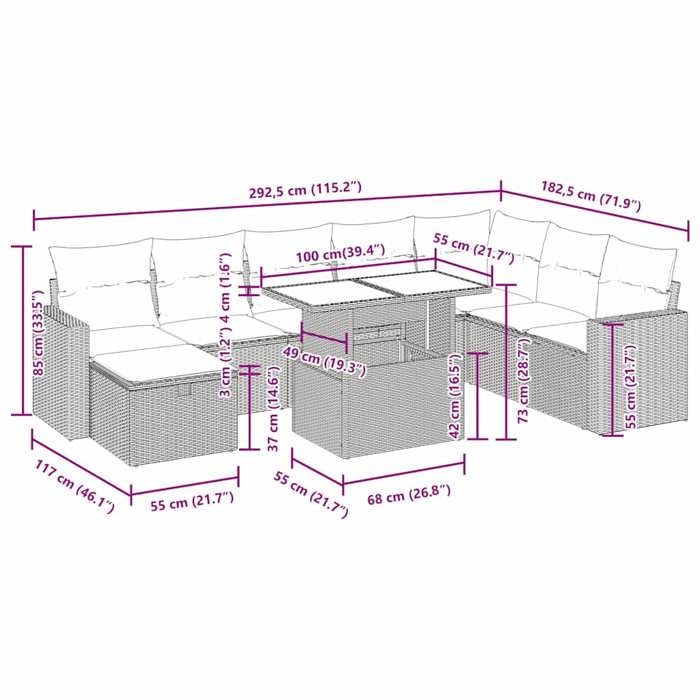 VidaXL Garden Lounge Set with Cushions 9 Pcs Beige Braided Resin 3327839