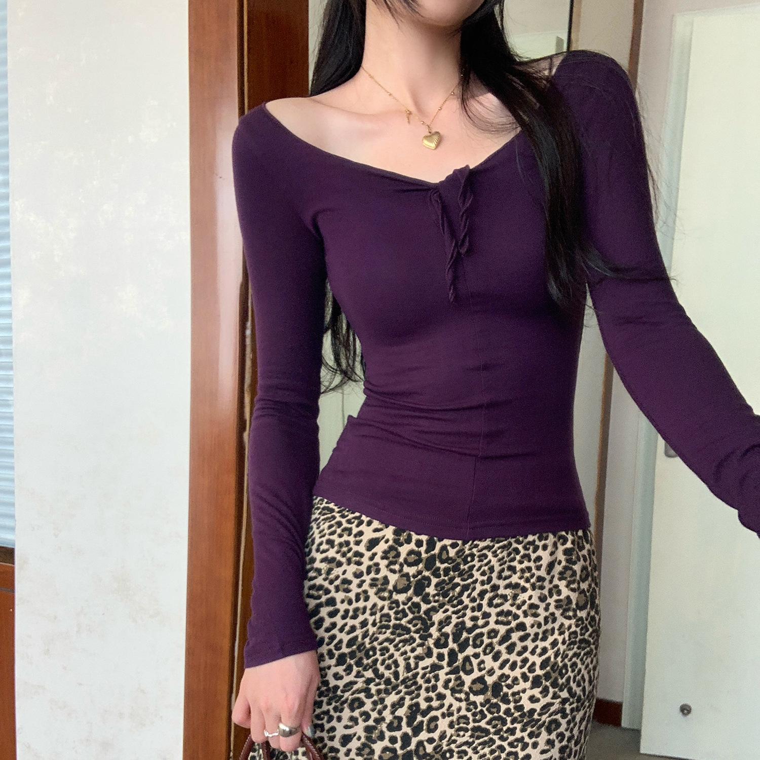 

European Style High-End V-Neck Slimming T-Shirt for Women - Autumn/Winter 2025 Medium фиолетовый