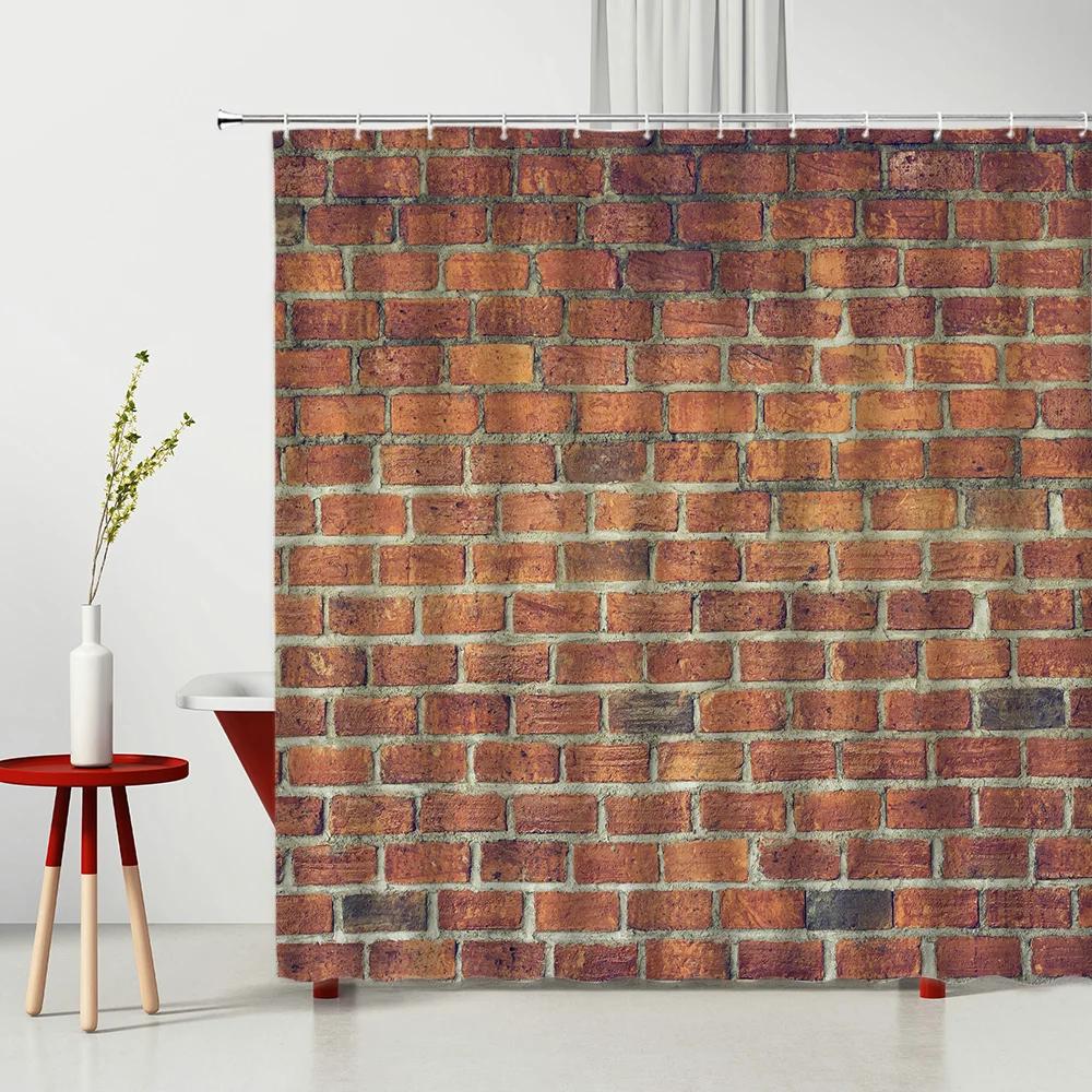 3D Printing Brick Pattern Shower Curtains Set Vintage Stone Brick Wall Polyester Fabric Hanging Curtain Bathroom Curtain Hooks