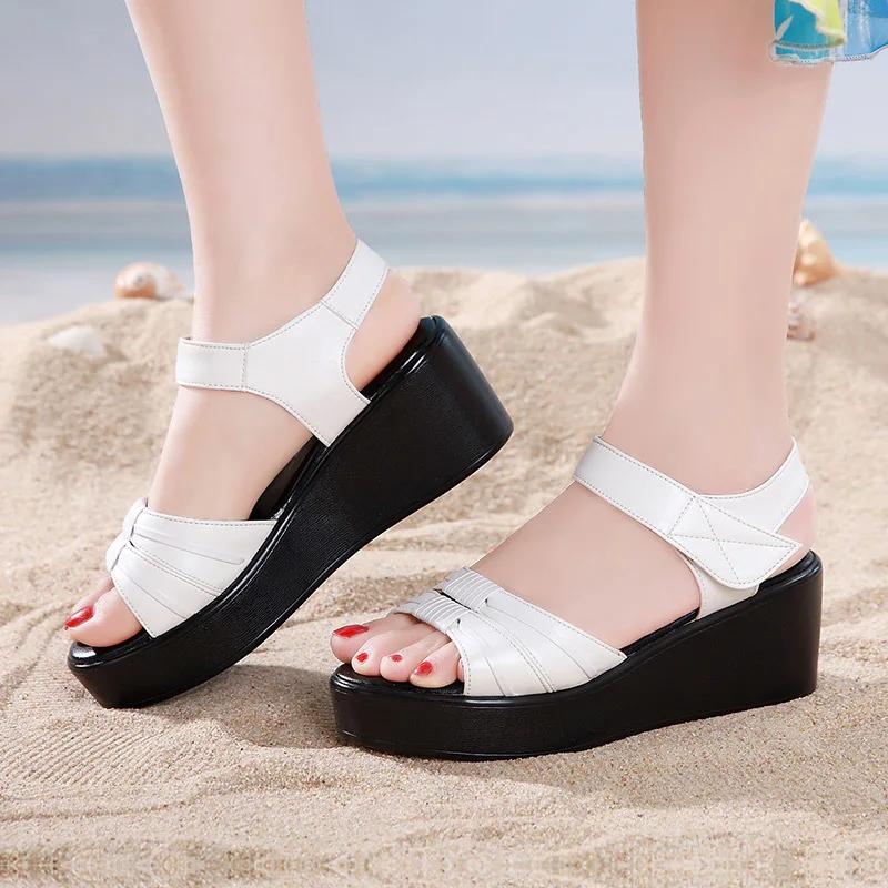 Plus Size 33-43 Casual Comfortable Beach Mother Daily Medium Heels Shoes Women Summer 2025 Chunky Platform Wedges Sandals