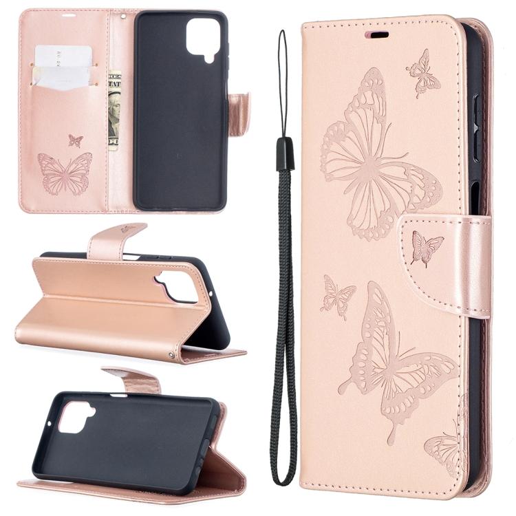 

For Samsung Galaxy A12 Two Butterflies Embossing Pattern Horizontal Flip Leather Case with Holder & Card Slot & Wallet & Lanyard For Samsung Galaxy A12 золотистый