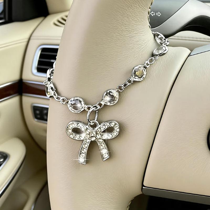 Sparkling Rhinestone Bow Chain, Car Steering Wheel Decoration, Exquisite And Elegant, Ladies' Car Interior Decoration Unique