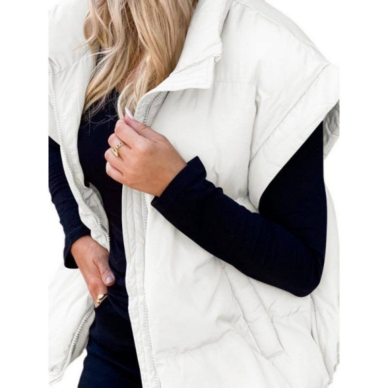 Stylish European & American Women's Solid Color Zipper Pocket Cotton Vest - Stand Collar, Trendy Commuting Jacket