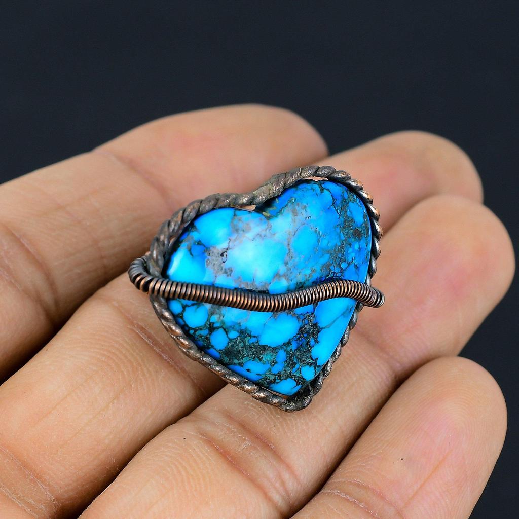 Tibetan Turquoise Gemstone Copper Wire Wrapped Handmade Jewelry Ring For Wedding Gift