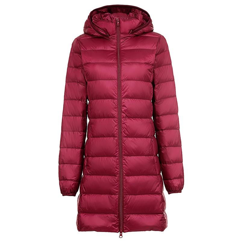 Womens Lightweight Hooded Down Jacket Mid-Length Removable Cap Korean Style Thin Winter Coat