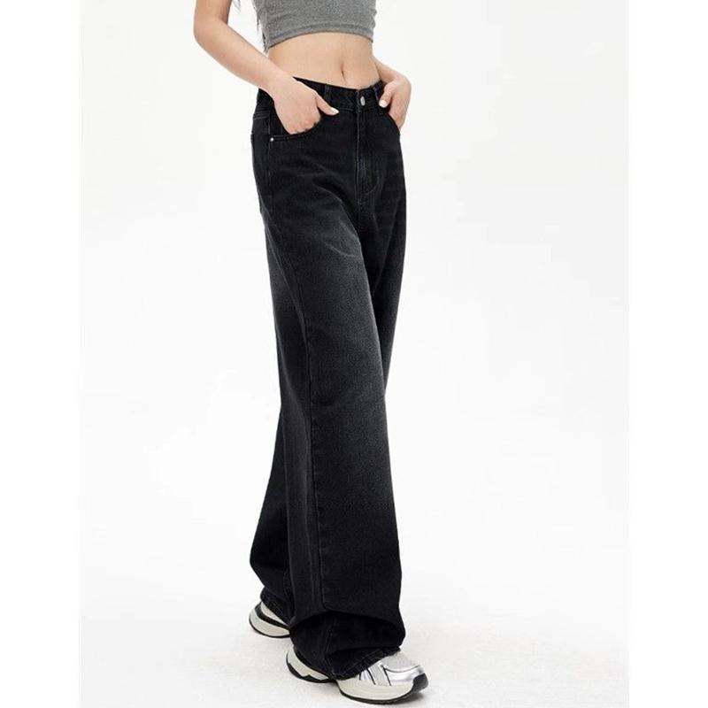 Lady Retro Black Gray High Waist Jeans Pant Women Fashion Straight Leg Denim Trousers Girls Loose Fit Thin Casual Pants