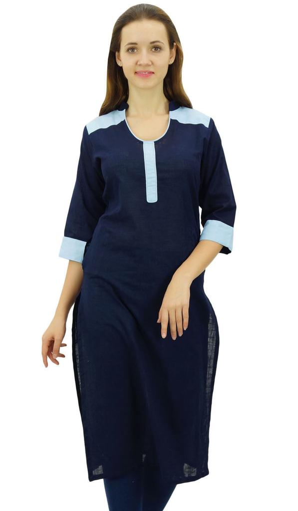 Bimba Women's Straight Kurta Slub Cotton Kurti Indian Long Tunic Blouse | Navy Blue|
