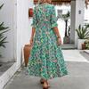 Women's Green Pink Abstract Print Tiered Maxi Dress, V Neck Half Puff Sleeve Smocked Waist Summer Casual Long Dress